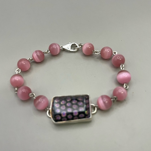 Elegant Pink and Silver Bracelet with Striking Fused Glass Focal